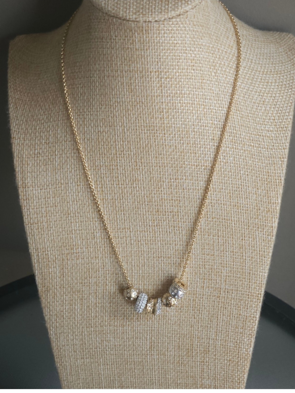 New Gold Charm Bead Necklace with Crystal Accents
